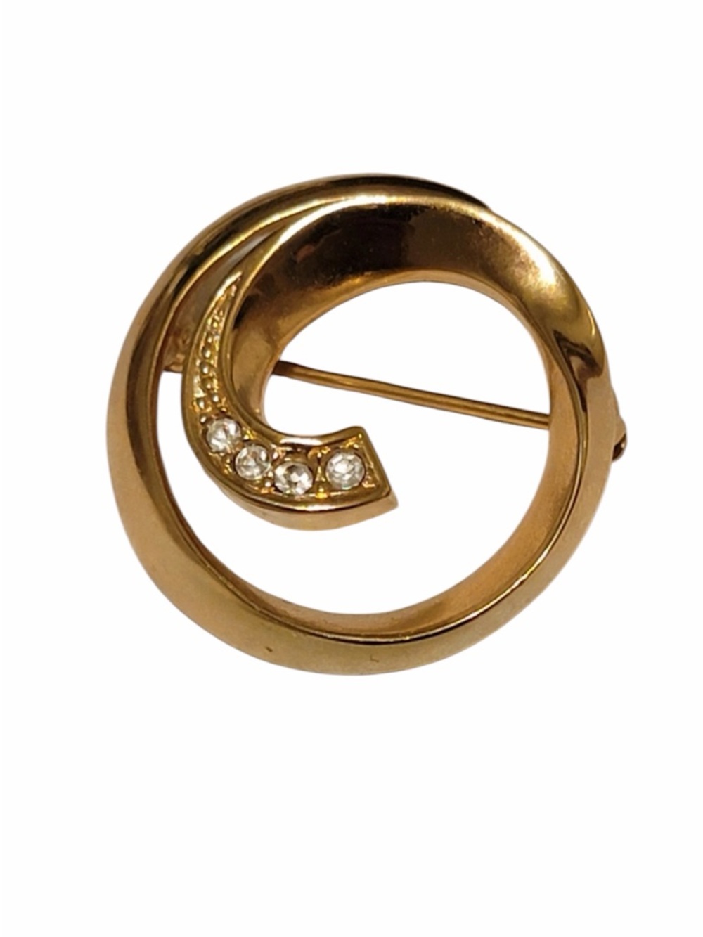 Vintage 1970’s Avon Gold-Tone Circular Swirl Brooch with Clear Crystal Accent